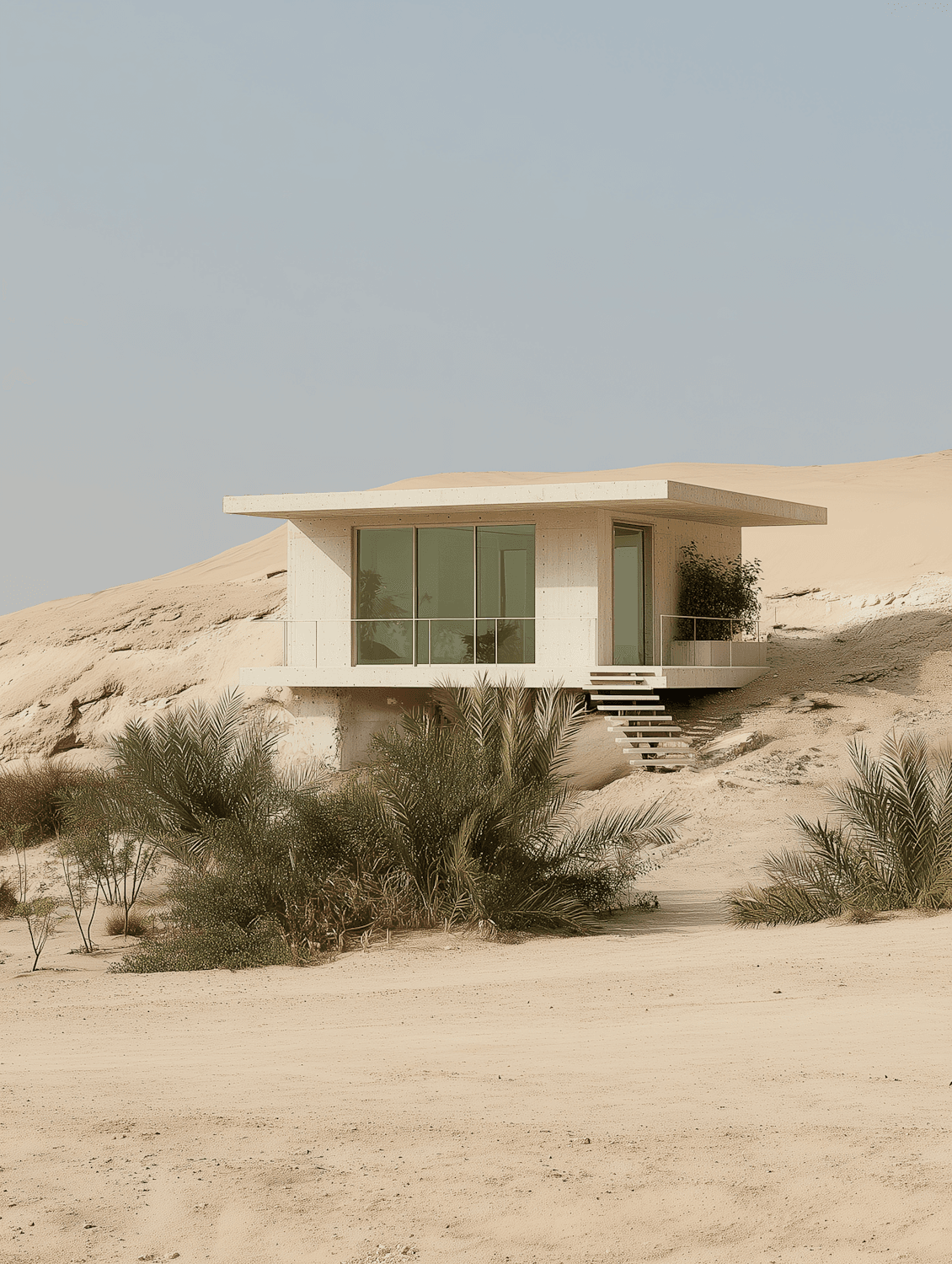Flat-roofed concrete house with tall windows set into a sand hillside among desert palms