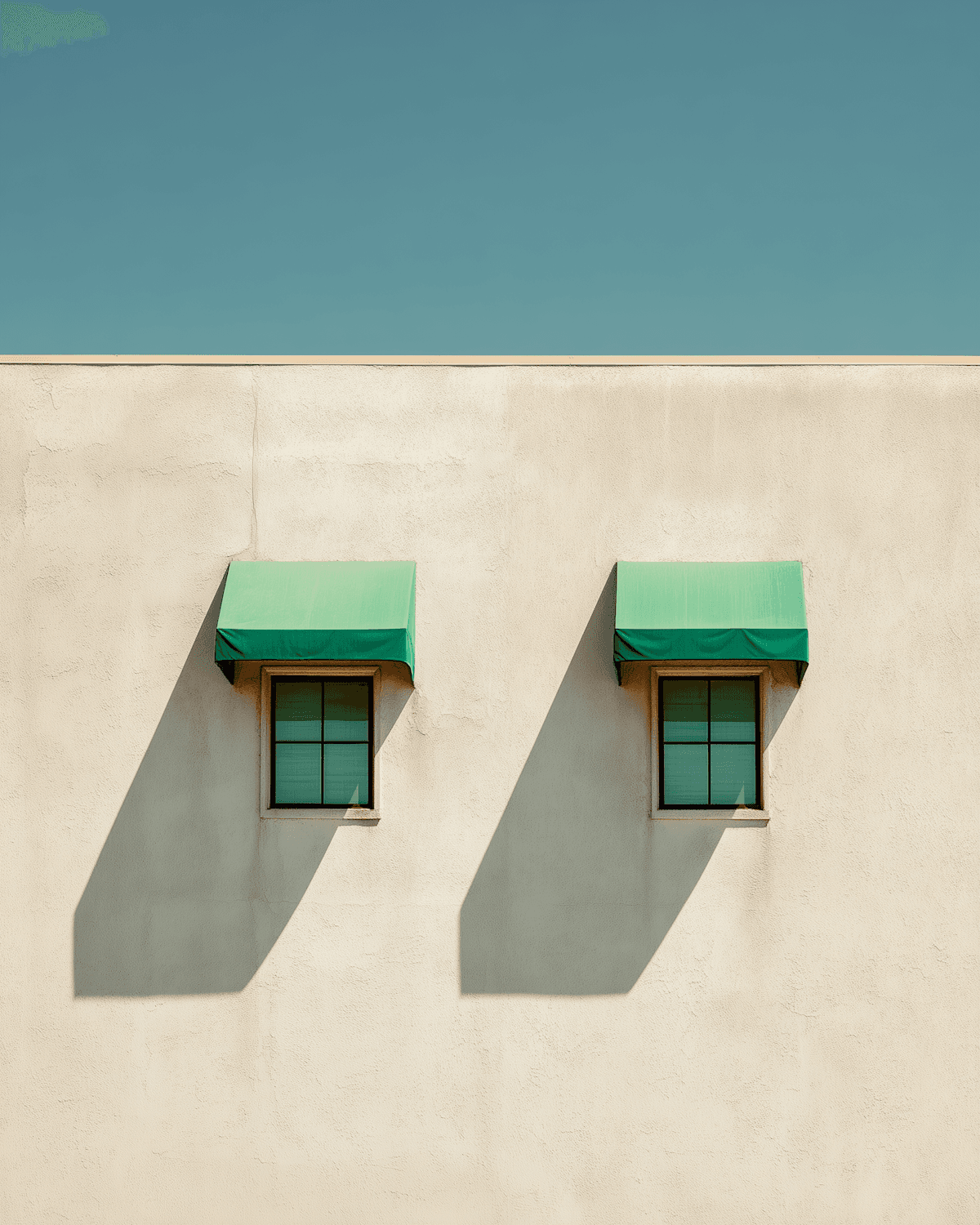 Sunlit stucco wall with two green window awnings casting long shadows against a clear sky