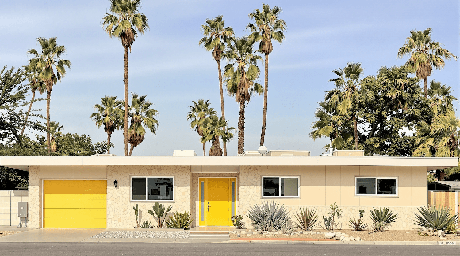Single-story desert home with a yellow front door, agave and gravel landscaping under tall palm trees
