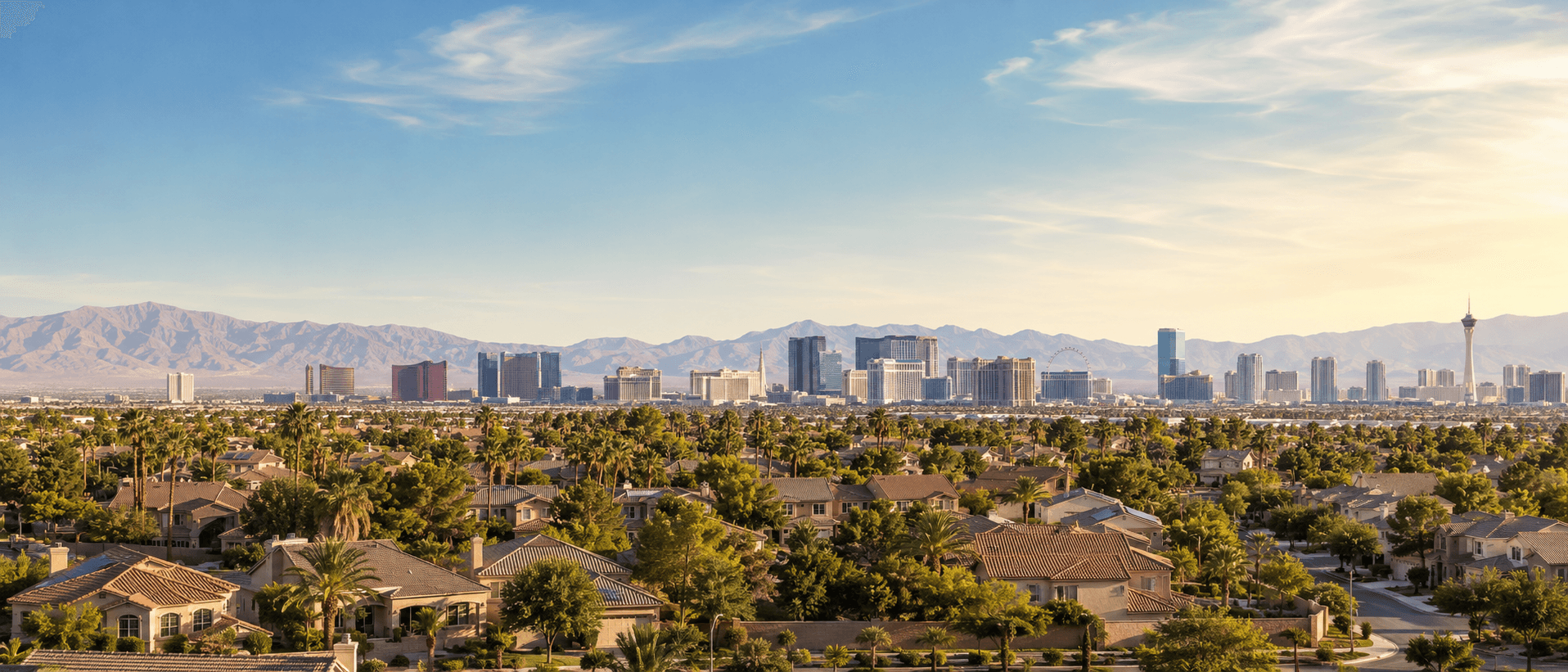 Tile-roofed homes and palm trees across the Las Vegas Valley, with the Strip skyline and the Spring Mountains behind them in late-afternoon sun